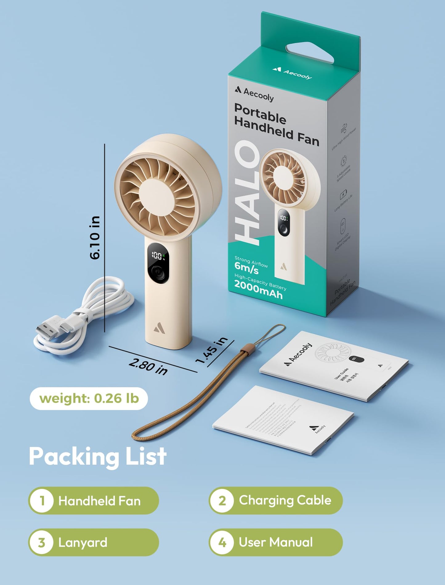Aecooly Mighty Portable Handheld Fan with USB Rechargeable Battery - Beige
