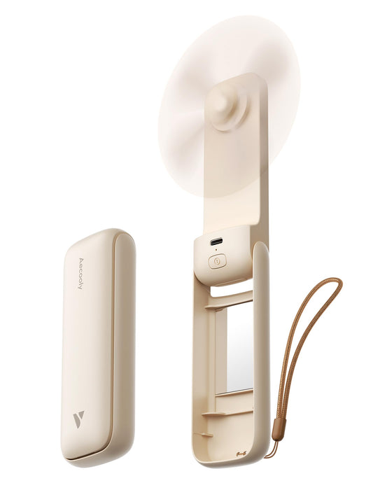 Aecooly Slim Handheld Fan with Mirror, USB Rechargeable - Beige