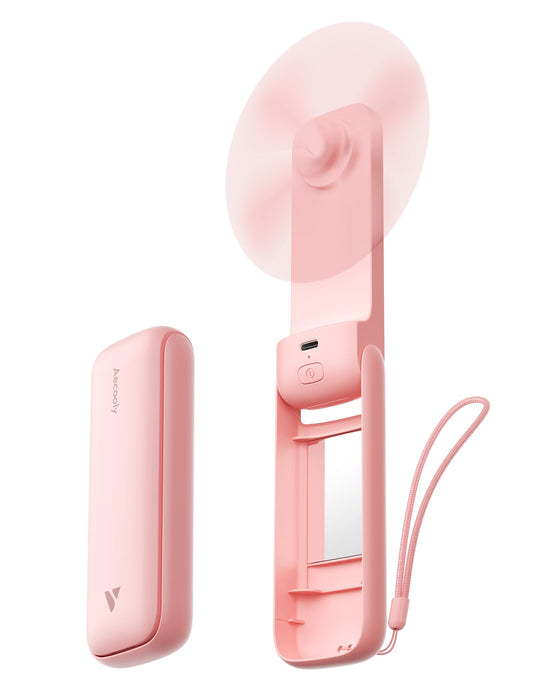 Aecooly Slim Handheld Fan with Mirror, USB Rechargeable - Pink